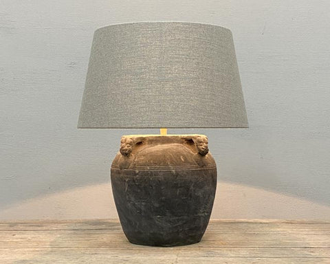 Grey pottery lamp with Chinese lion ears